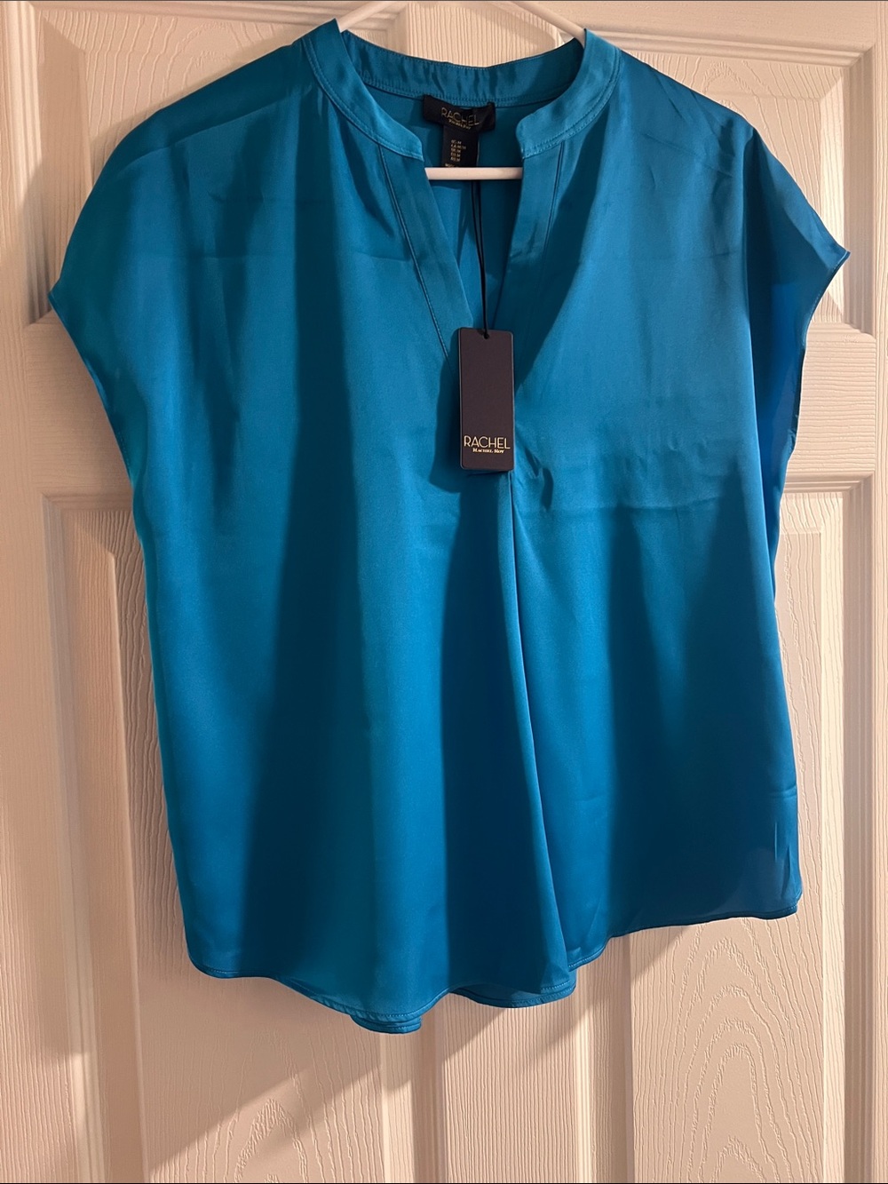 RACHEL Rachel Roy Turquoise Blue Split V-Neck Cap-Sleeve Blouse